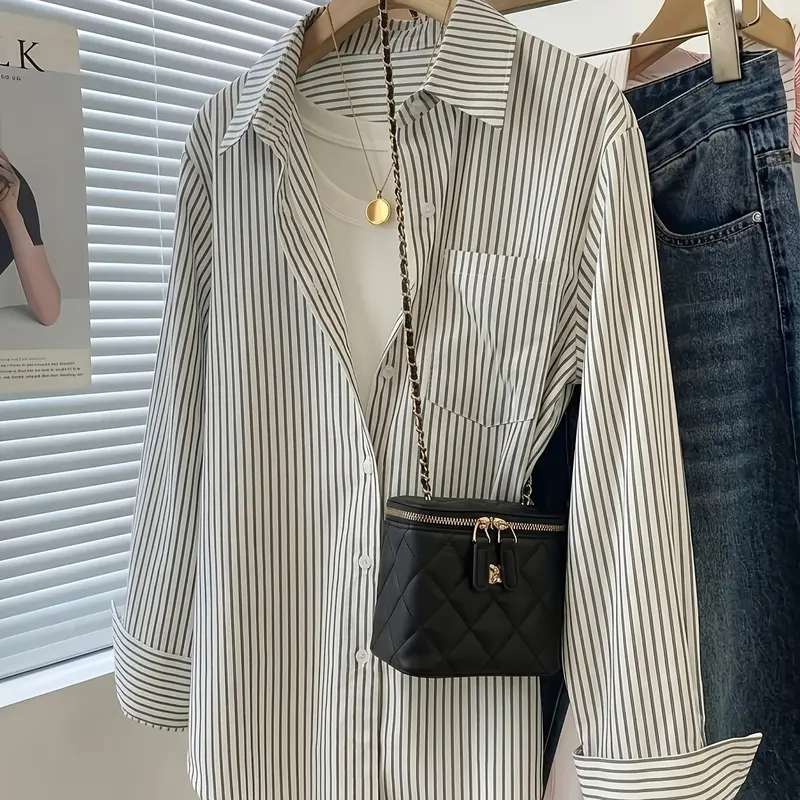 Women's Fashion Striped Shirt Blouse with Long Sleeves and Pockets, Womenswear, Elegant Simple Design, Commuter Office Wear, Casual Stylish Top, Ladies' Clothing, Casual Collared, Casual Blouse Shirts, Casual Button Up, Blouses Shirts