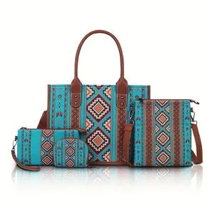 Canvas Handbag Set, 4 Pieces with Adjustable Shoulder Strap, Zipper Closure, Edge Paint Details, Including Wallet, Hand Wash/Dry Cleaning, Random Printing Design, Large Capacity, Suitable for Travel and GiftsGift