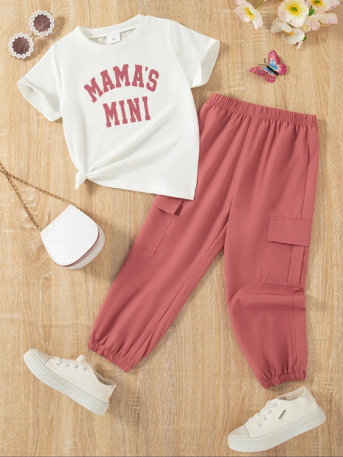 Girl's Letter Print Tee & Pocket Pants Two-piece Set, Casual Short Sleeve T-shirt & Cargo Pants for Daily Wear, Kids Summer Clothes
