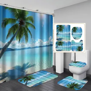 1/3/4PCS Tropical style beach scene with palm tree and clear water Shower Curtain Set with Rugs, Non Slip Bath Mat, U-Shape Carpet, Toilet Lid Cover, Polyester Fabric Bathtub Curtain Accessories, 12 Hooks, Home Bathroom Festival Decor