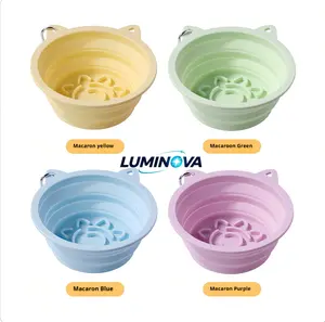 3-in-1 Collapsible Silicone Slow Feeder Dog Bowl, Portable Travel Pet Food & Water Bowl with Suction Cup & Carabiner, Non-Toxic Foldable Cat Slow Eating Bowl, Easy Clean Macaron Pet Feeding Bowl for Outdoor Walking Hiking Camping