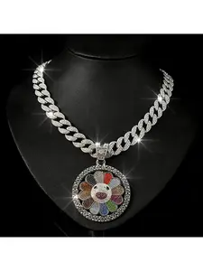 European and American style men's hip-hop necklace with rotatable sunflower pendant, trendy brand personalized colorful flower pendant jewelry, Cuban Link Necklace, Iced Cuban Chain