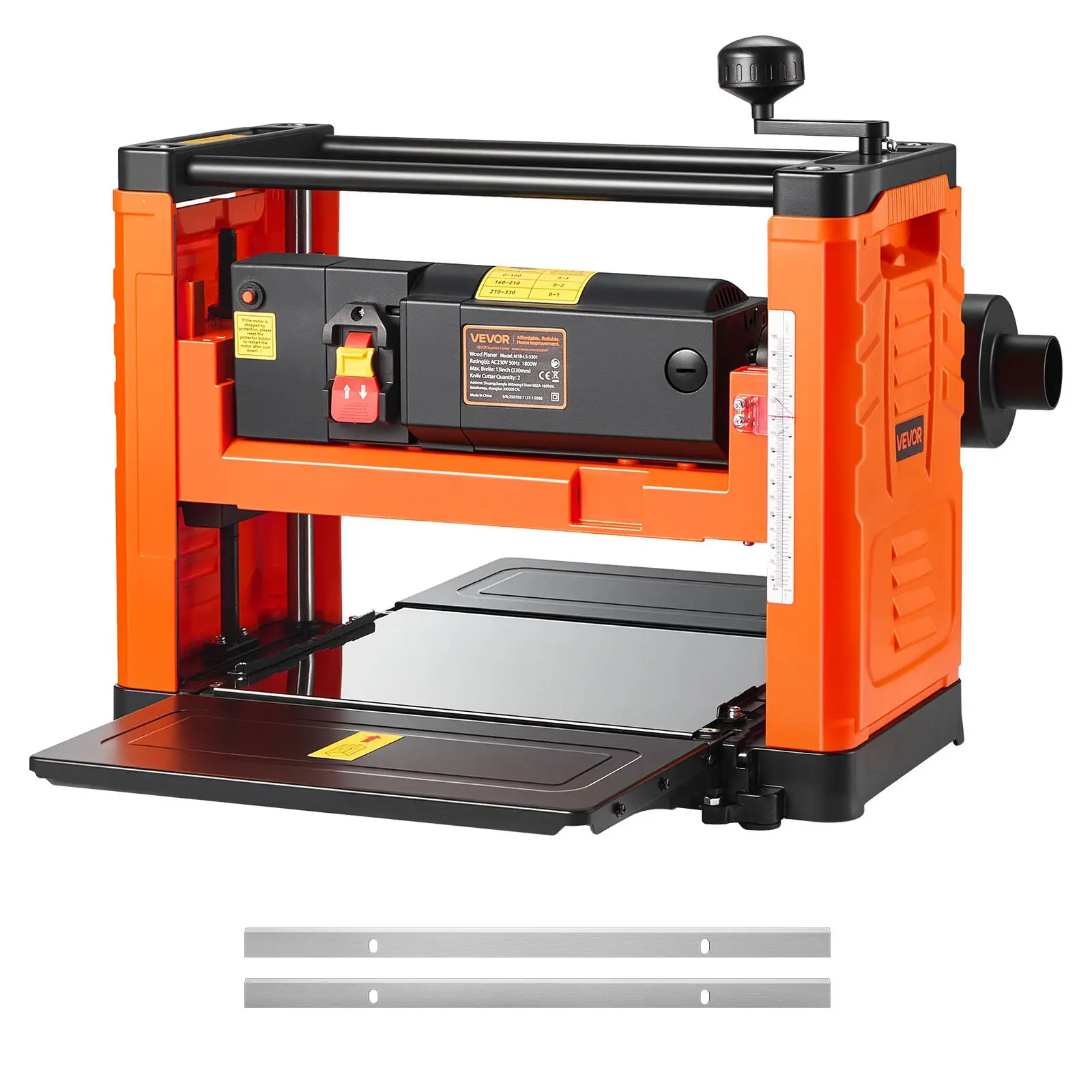 VEVOR Thickness Planer, Two-Blade, 13-Inch Width Worktable Power Benchtop Planer, 1800W 23500 RPM Powerful Motor, Dual Rollers, Over Protection, Single Speed Woodworking, for Hard Soft Wood Material