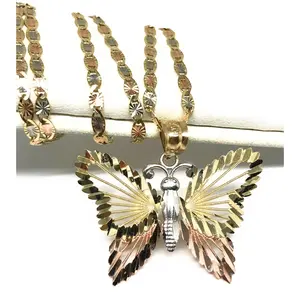 10k Solid Gold Tri-Color Butterfly Pendant Necklace Valentina Chain