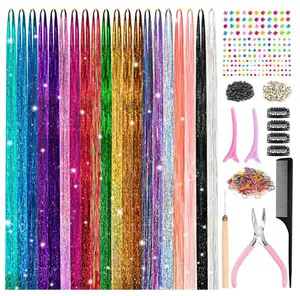 Shiny colorful Tinsel Hair laser gold  and silver shiny metal wire  hair extensions（Tools not included）