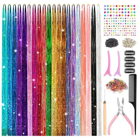 Ve Sunny Tribal Wire-Form Human Hair Extensions - Natural Straight, Shiny Colorful Tinsel, Laser Gold-Silver Metal Wire, Match Colors, Party Wear (Tools Not Included)