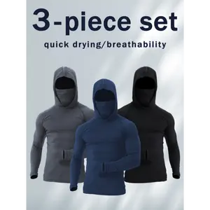 3-Piece Set Quick-Drying Sports Hoodies with Face Mask Breathable Sun Protection for Gym Outdoor Running & Casual Attire in Grey Black Dark Blue Activewear Graphic Tees Men Gifts Fathersdaygift