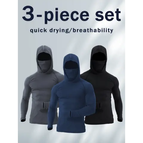 Men's 3-Piece Polyester Activewear Set - Long Sleeve Stretchy Hoodie, Graphic Tee, Mask, Snug Fit, Quick Dry, Breathable Sun Protection, Casual, All Seasons - for Gym, Outdoor Running - Fathersdaygift (Grey, Black, Dark Blue)