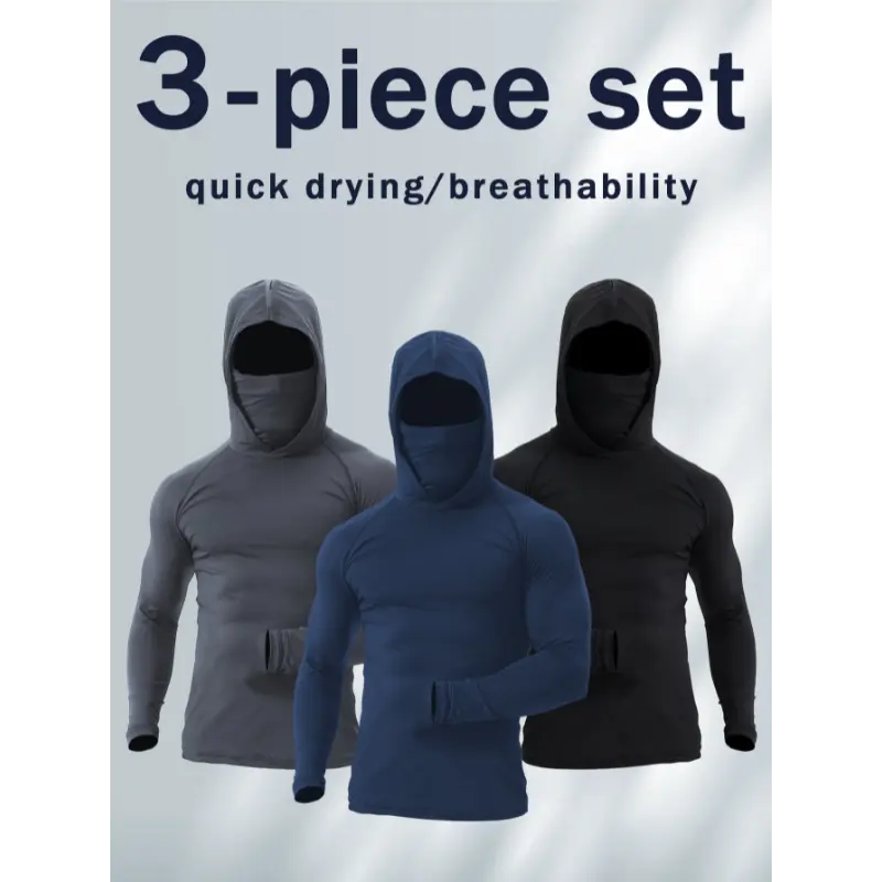 Men's 3-Piece Activewear Set - Dry, Stretchy Quick-Drying Sports Hoodie, Breathable Sun Protection Face Mask, Graphic Tee - for Gym, Outdoor Running - Fathersdaygift (Grey, Black, Dark Blue), Dry Men's Sports Hoodie