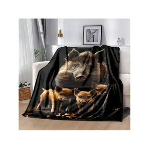 1pc Contemporary Wild Boar Family Print Flannel Throw Blanket - All Seasons Cozy Non-Woven Polyester Digital Print Blanket Home Decor,, Birthday - 180-200gsm Mixed Color