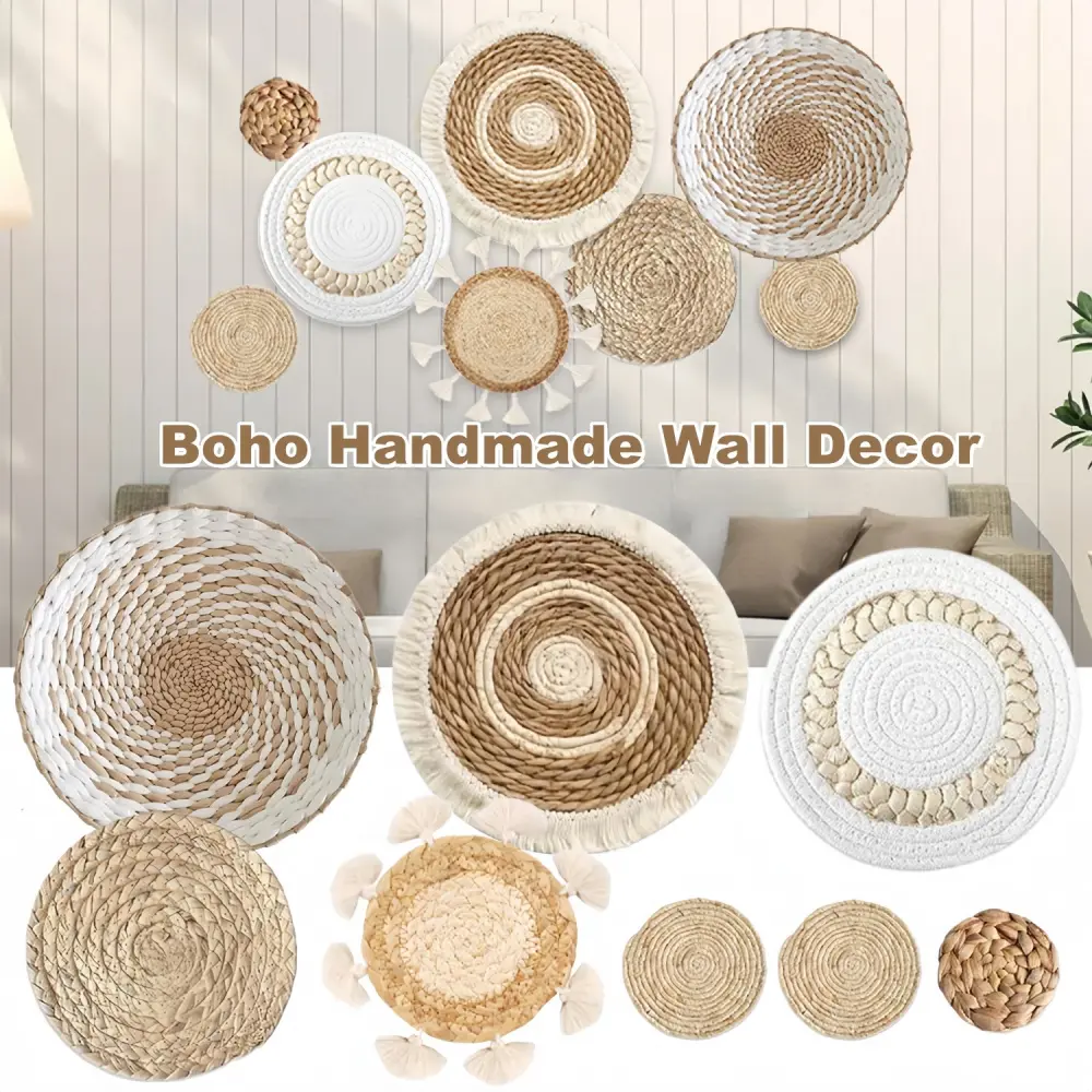 8 Pcs Boho Wall Baskets Hanging Decor Rustic Rattan Wicker Wall Basket Wall Art for Farmhouse Living Rooms Bedrooms Kitchen Decorations