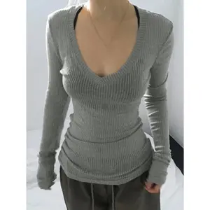Women's Solid V Neck Long Sleeve Tee, Casual Basic T-shirt for Fall & Winter, Top Daily Wear, Cold Weather, Snug Fit, Soft Touch, Knitted Chic, Go To, Trendy, Summer Essential, Beach Day, Beach Vacation