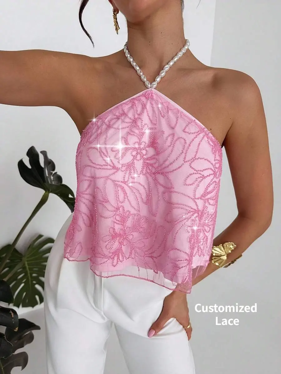 Women's Pink Floral Sequin Halter Top Pearl Neck Backless Mesh Cami Summer Beach Vacation Festival Outfit