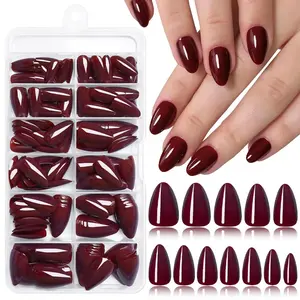 120Pc Nude Pink Glossy Press on Nails Red Short Almond, Glossy Fake Nail Stick on Nail for Women Gift with Kit, Burgundy Salon Quality Soft Gel Stick on Acrylic False Nails Reusable Full Cover for Women Manicure Nail Kit Set
