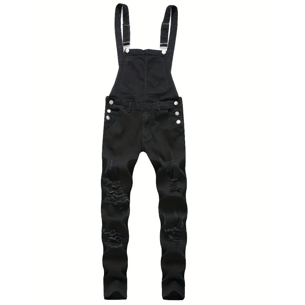 Men's Slim-Fit Washed Denim Overalls - Menswear Urban Hole Style Slim Fit Jeans with Pockets Holes, All Seasons Denim Trousers (1 Pair)