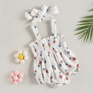 Baby Girl 4th of July Outfit Summer Ice Cream Print Sleeveless Ruched Rompers and Stretch Headband Infant Jumpsuit Set Newborn Independence Day Clothes