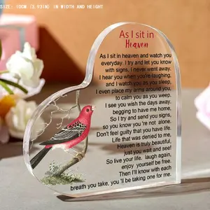 Heart-Shaped Acrylic Memorial Plaque "As I Sit in Heaven" - Sympathy Gift with Red Bird Design, Remembrance Keepsake for Loss of Loved One