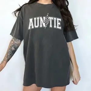 Auntie Retro Checkered Bolt Shirt, Retro Auntie Lightning Shirt, Cool Aunt Graphic Printed T-shirt, Promoted To Aunt Shirt, Future Aunt Gifts, Sister Gifts, New Aunt Tee Shirt Cotton Fabric Comfort Fit, Auntie Shirt Women's Top Womenswear Chic Style