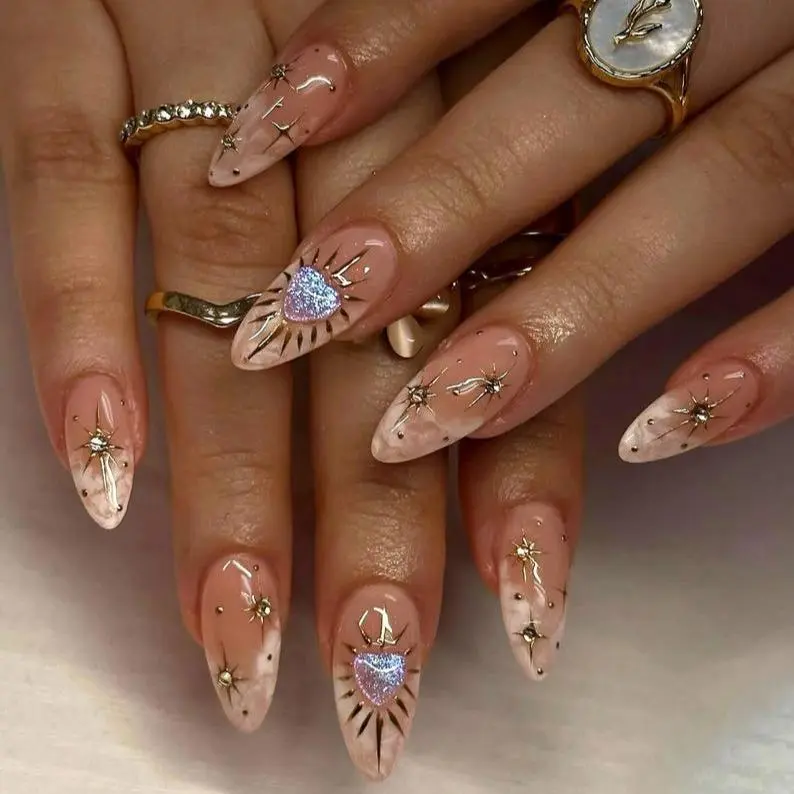 Pink Heart Press On Nails, Pearl Botanical Fake Nails, Minimalist Wedding Nail Art, Hand Painted Leaf Design Nail