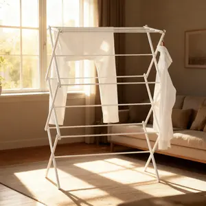 Multi-Functional Foldable Laundry Rack White Chrome Heavy Duty Portable Drying Stand for Indoor Balcony Outdoor Patio Home Use Efficient Energy Saving