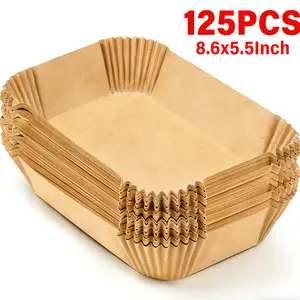 125 pcs rectangular air fryer liners, 8.6 x 5.5 inches, disposable non-stick parchment paper, heavy-duty heat resistant up to 450°F, compatible with dual baskets, oil-proof and easy to clean—ideal for meal prep, baking, roasting, frozen foods, and a kitch