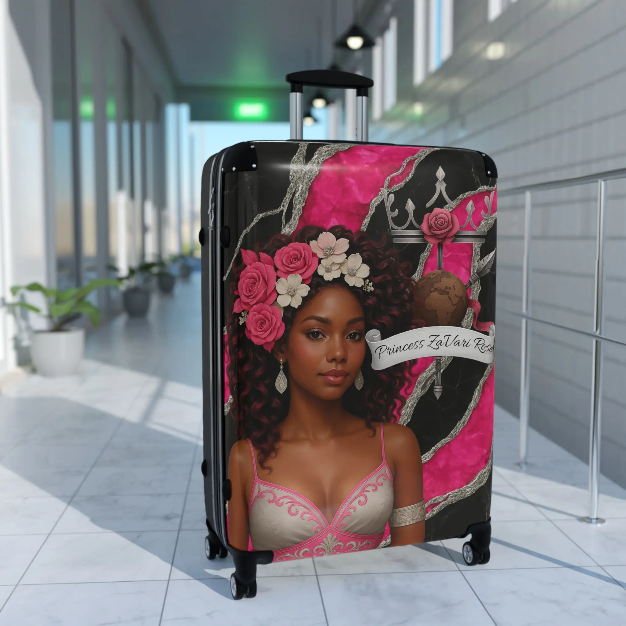 Princess ZaVari Rose Suitcase, Blossoming Guard Fantasy Luggage, Pink Silver & Black Marble Hard-Shell Spinner Travel Bag with Lock