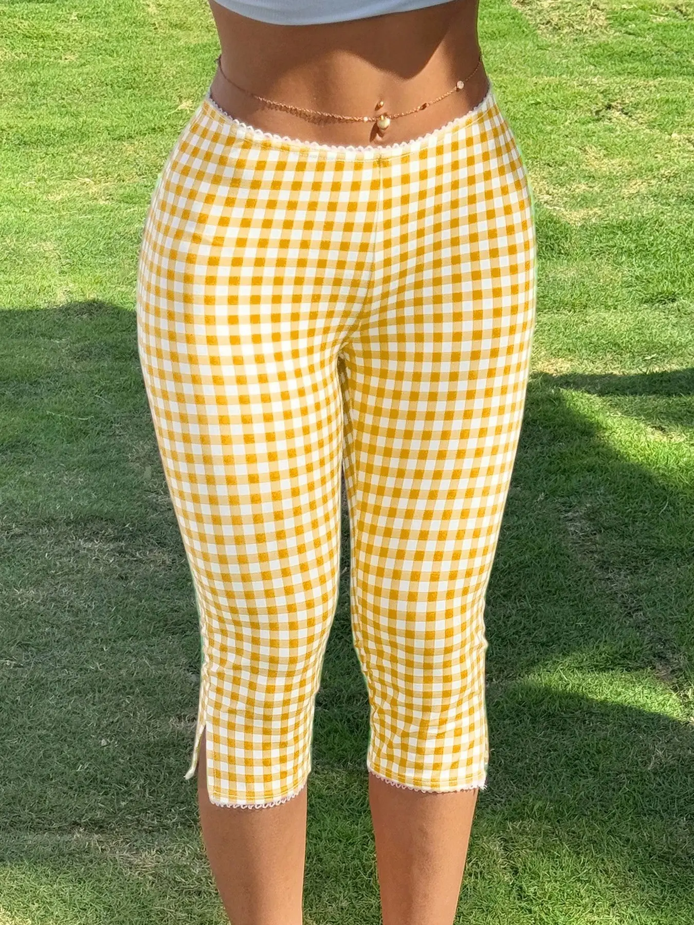 1 Piece Scalloped Lace Elastic High Waist All Over Gingham Print Side Slit Stretch Slim Seven-Point Skinny Casual Capri Pants Bottoms Casual Fashion Trousers