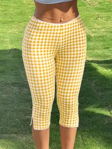 1 Piece Gingham Lace Trim Capri Pants Bottoms, Casual Versatile Vintage Fitted Slim-Fit Trousers