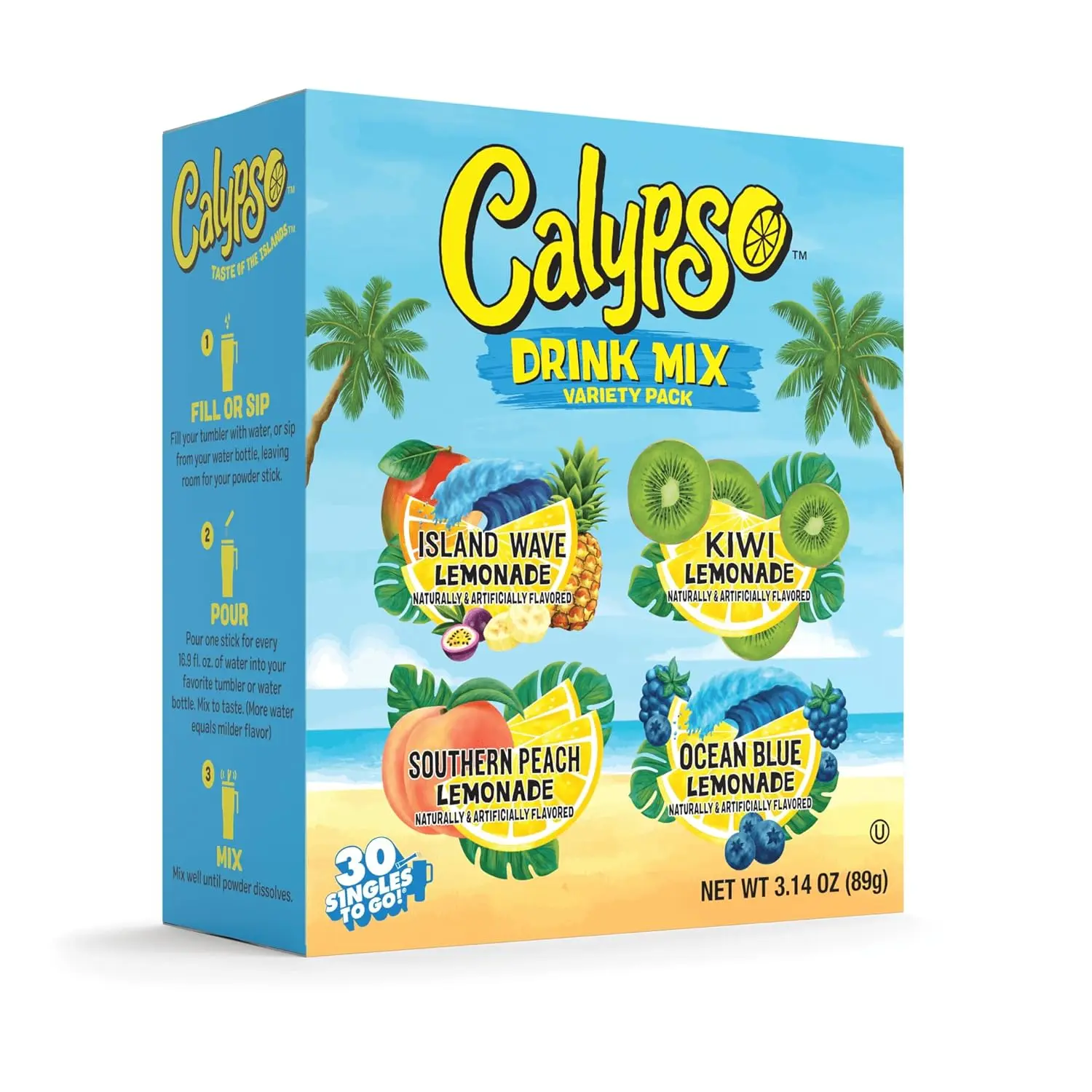 Calypso Singles To Go! Drink Mix Variety Pack – On-the-Go Powdered Drink Mix Packets – Low Calorie Water Enhancer – Island Wave, Kiwi, Southern Peach, Ocean Blue, 30 Count
