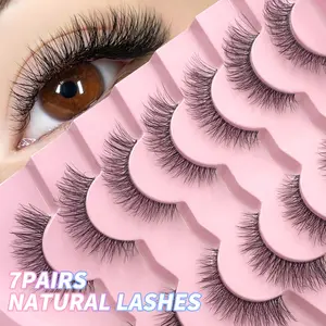 7 Pairs Lashes With Clear Band Fluffy False Lashes Pack Natural Look False Eyelashes Wispy Eyelashes Curly Makeup Eyelashes For Daily Wear