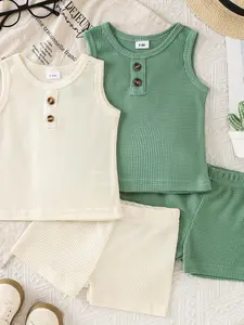 Summer Boys' 4-Piece Waffle Knit Sleeveless Henley Set, Buttoned Tank Tops & Elastic Waist Shorts, Breathable Soft Casual Wear, /