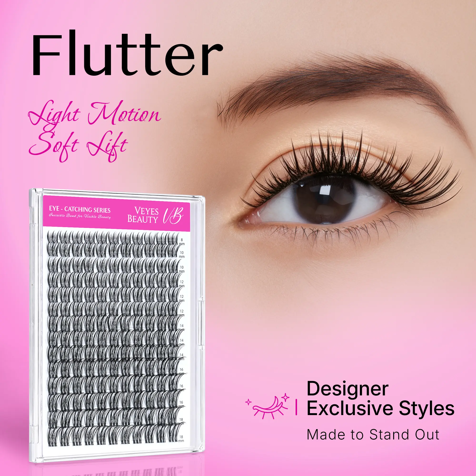 VEYESBEAUTY VB-Flutter Lash Clusters Kit - 100% Handcrafted PBT Fibers Eyelash Extensions, Ultra-thin Invisible Band, Wispy Mixed Length Cosmetic DIY Kit for Adults' Dramatic Home Eye Makeup Application