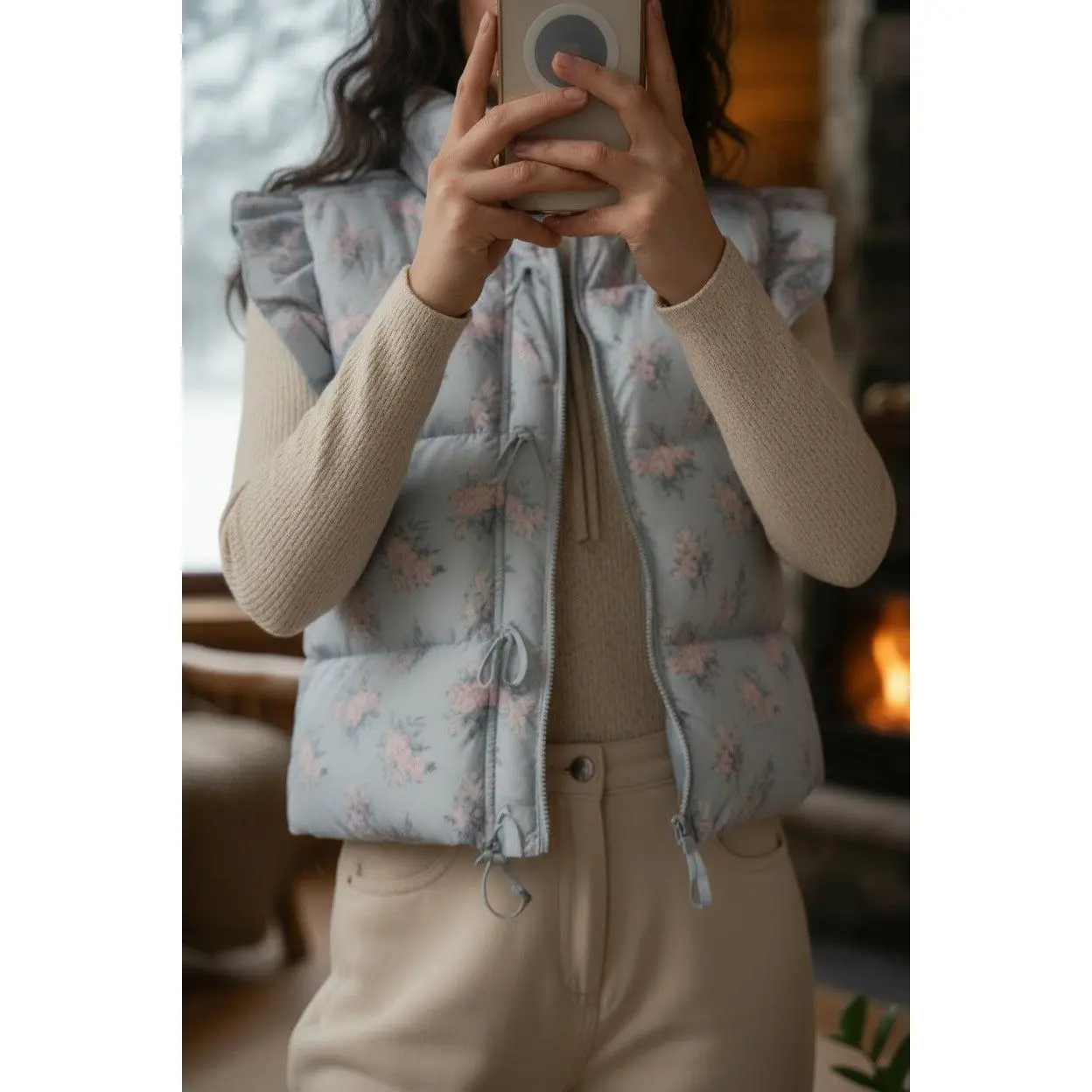 SWEET BLOOM BOW FRONT FLORAL PUFFER VEST