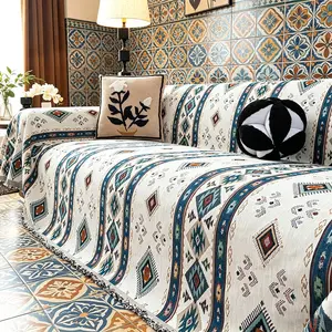 Boho Style Geometric Sofa Cover, Vintage Ethnic Fringe Sofa Slipcover, Anti-Slip Dustproof, Pet Friendly, All Seasons