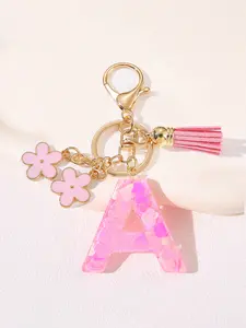 New Girl Fashion Cute Flower Letter Keychain, Floral Pattern Keychain, Women's Tassel Resin Rhinestone Initial Key Chain, Car Key Holder, Student Bag Accessory