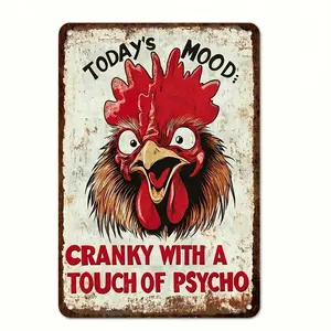 Funny Rooster Metal Sign, 8x12 in - "Today's Mood: Cranky With A Touch Of Psycho" - Vintage Kitchen & Farmhouse Home Wall Decor Plaque
