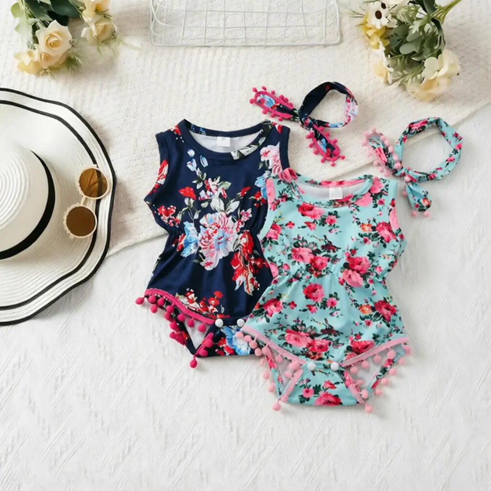 Baby Girl's Cotton Floral Romper Set - Sleeveless Bodysuit with Pompom Tassels, Headband, Button, 36-45 cm Fit Note, True To Size, Breathable Fabric Casual Outfit (Check Measurement Chart)