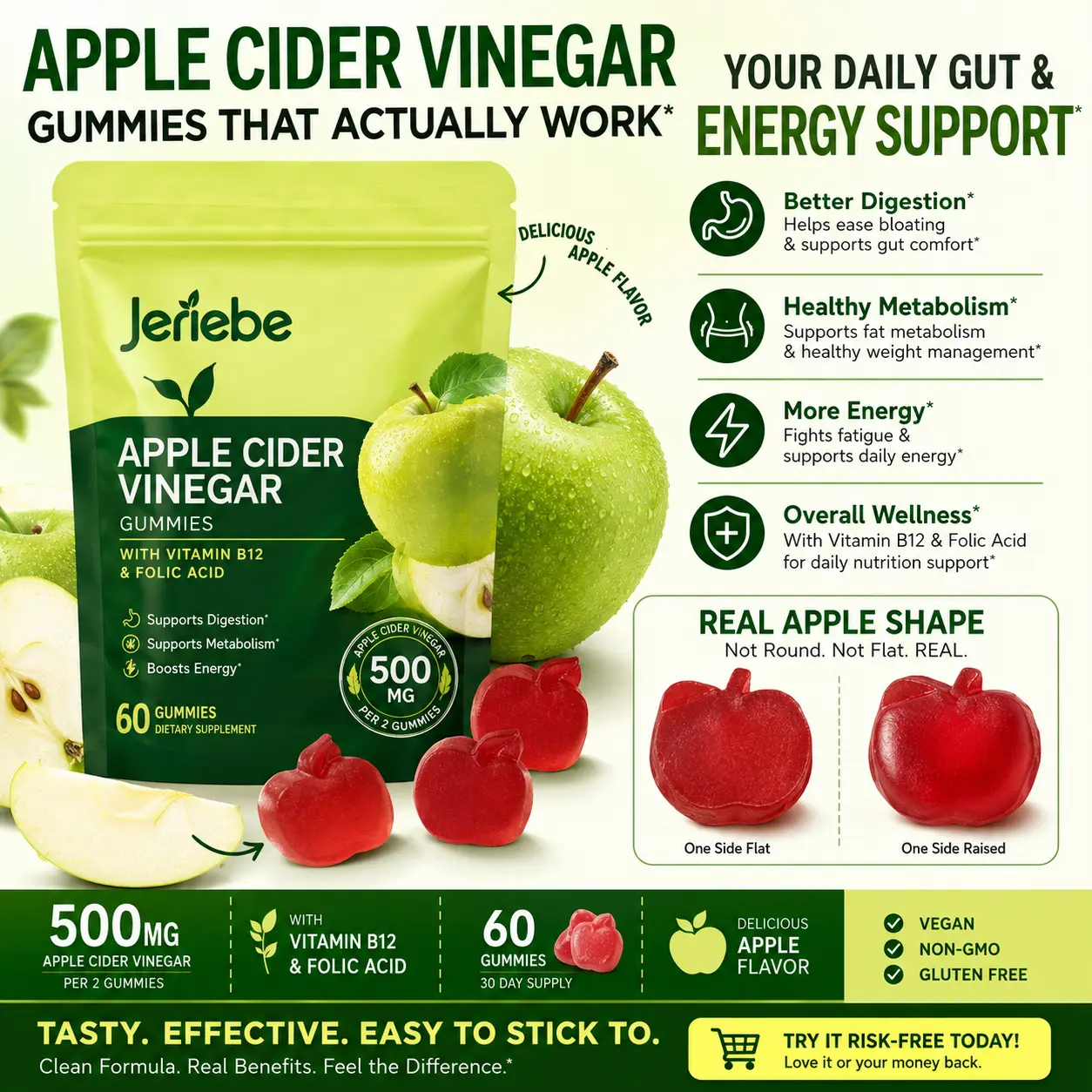 Jeriebe Apple Cider Vinegar (ACV) Gummies Dietary Supplement, 500mg ACV with Vitamin B12 & Folic Acid, Gluten-Free Low-Sugar Vegan Chewable, Metabolism & Digestion Aid, Gut Health Support, Individually Wrapped, 60 Count