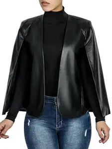 Women's Solid Pocket Cloak Sleeve Cape Coat, Fitted Casual Jackets, Long Sleeve Open Front Pu Outerwear for Fall & Winter, Jackets for Women, Ladies Clothes for Daily Wear Winter Clothes Women, PU Leather Jacket, Black, Womenswear