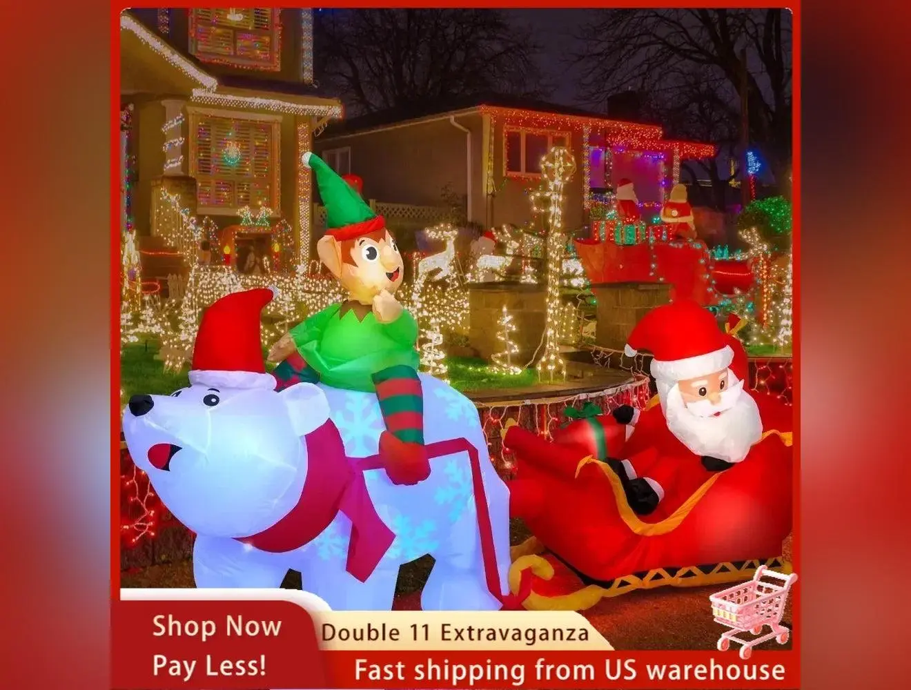 Christmas Santa 9.5Ft Outdoors Decorations Santa Claus on Sleigh LEDs Build-in Blow Up Christmas Yard  Christmas Inflatables