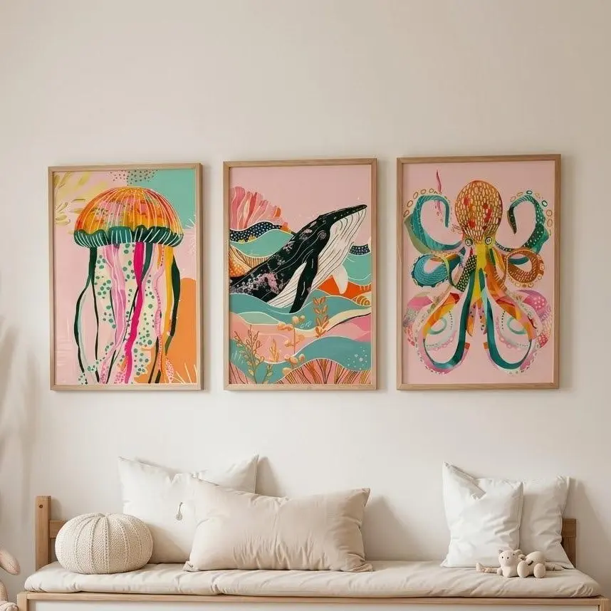 3-Piece Sea Animal No-Frame Wall Posters - Whale, Jellyfish, Octopus Designs - Blush Pink Magical Nursery Home Decor Prints