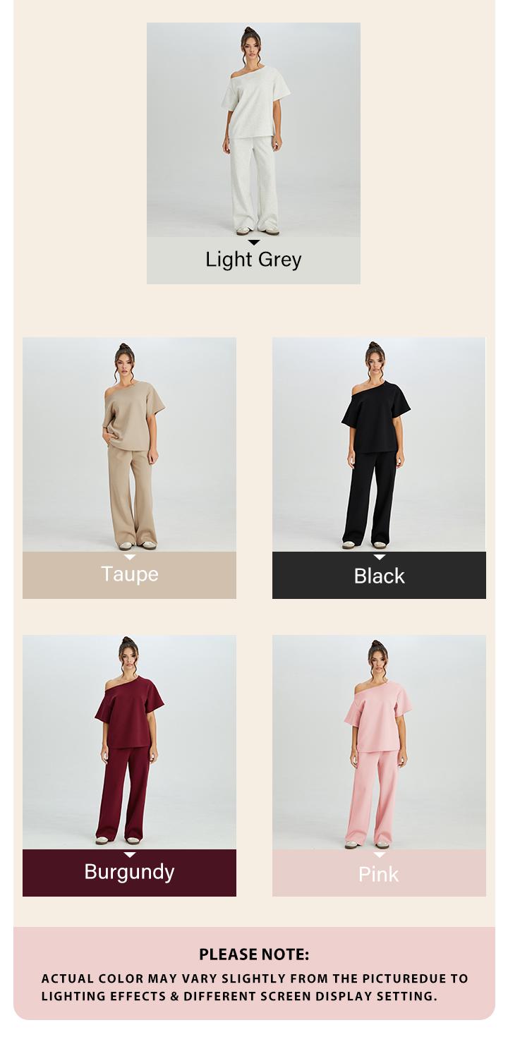 KatchMe Women's Leisure Solid Color Sloping Shoulder Short Sleeve Top & Drawstring Waist Wide Leg Trousers Co-ord, Minimalist Two Piece Outfits Womenswear Casual Wideleg