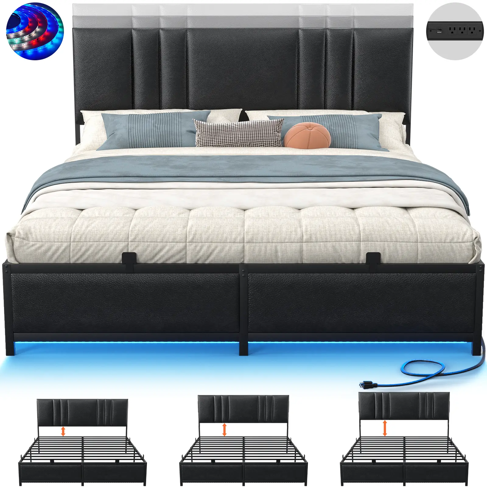 Aheaplus Modern Rectangular Upholstered Leather Bedroom Bed Frame - 3-Height Adjustable Headboard, LED Light, Charging Station, Heavy-Duty Metal Support, No Box Spring Needed, Noise-Free, Various Sizes