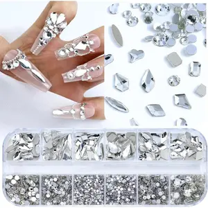 3200PCS Nail Art Rhinestones, Crystal Clear Flatback Rhinestones for Nails, Crafts, 12 Styles 3D Glass Crystal Nail Gems, White Diamond Stones