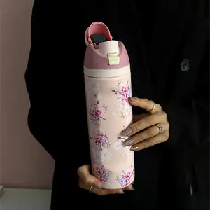 Floral Pattern Vacuum Flask, 1 Count Portable Water Bottle with Straw, Drinking Cup for Home Office School Outdoor Camping, Tumbler with Lid, Drinkware