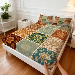 3Pcs Vintage Tile Floral Fitted Sheet Set, European Symmetric Pattern, Non-slip Fit Skin-friendly Breathable, Ideal for Summer Retro Home Bedroom Renovation