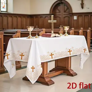 Elegant Rectangular Tablecloth with Gold Cross and Grapevine Design, Perfect for First Communion, Baptism, Church Events