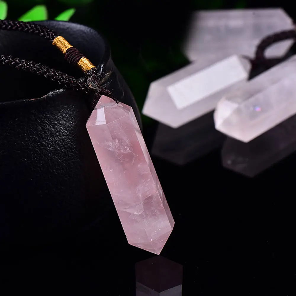 Crystal Gemstone Necklace, Rose Quartz Pink Crystal Hexagonal Point Pendant Cord Women Necklace, Healing Self love Necklace, Christmas Birthday gift
