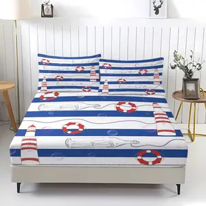 Nautical Style Element Stripe Theme Fade-Resistant Fitted Sheet, Including 1 Bed Sheet And 2 Pillowcases, Suitable For Coastal Theme Guesthouses, Children’s Rooms, And Nautical Enthusiasts’ Bedrooms