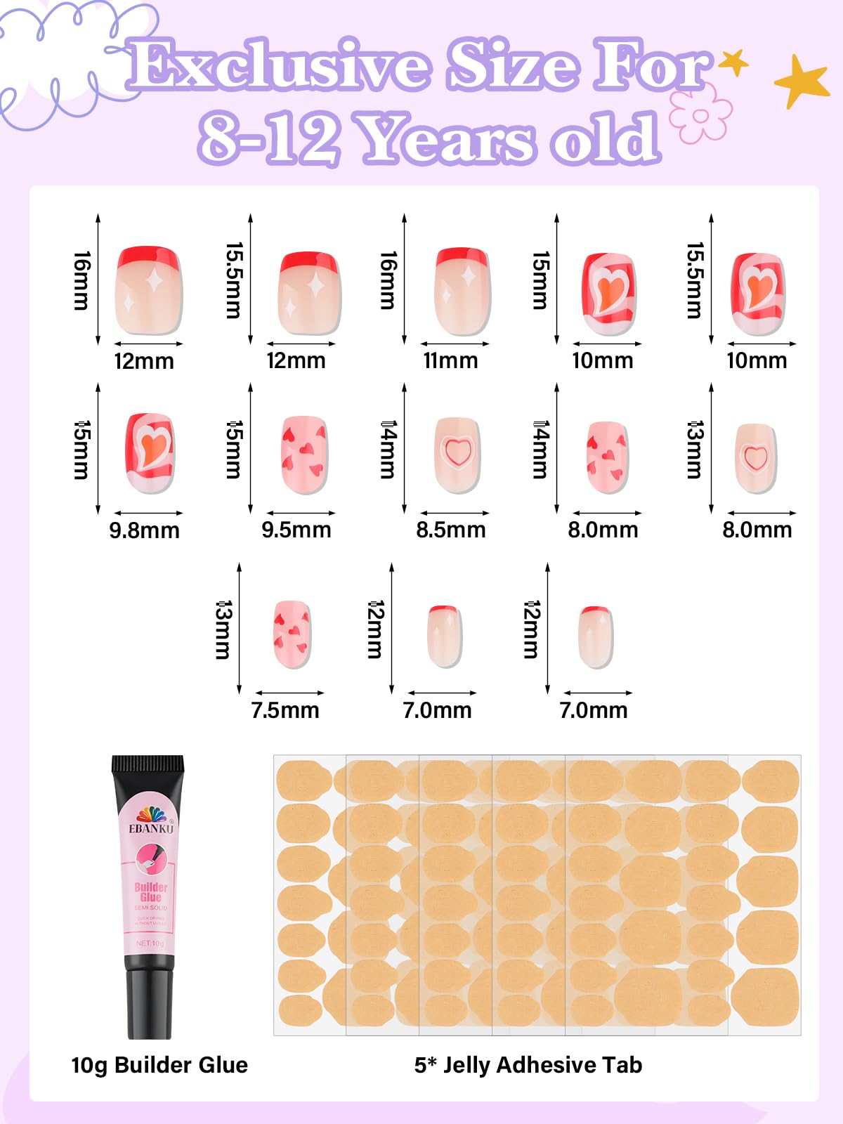 130 Pieces Press on Nails for Kids, EBANKU 5 Pack Kid Fake Nail Kit Old Cute Clouds Flower Heart Star Press on Nails for Girls 8-12 Years with Jelly Nail Adhesives & Nail Builder Glue